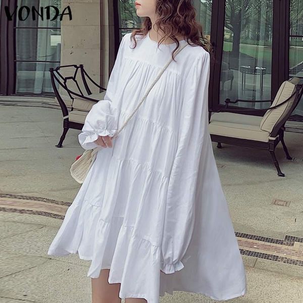 

holiday party pleating dress bohemian solid mini women cotton linen sundress vonda 2021 casual long sleeve maxi vestidos dresses, Black;gray