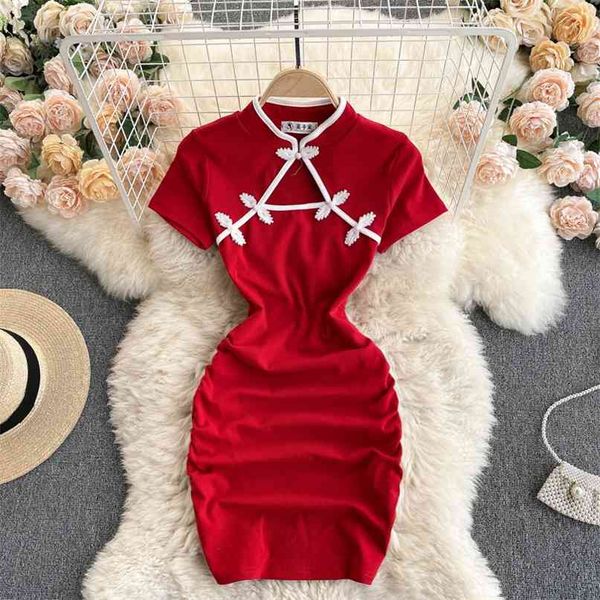 

women fashion improved cheongsam stand collar slim wrinkles package hip mini dress short sleeve vestidos s386 210527, Black;gray
