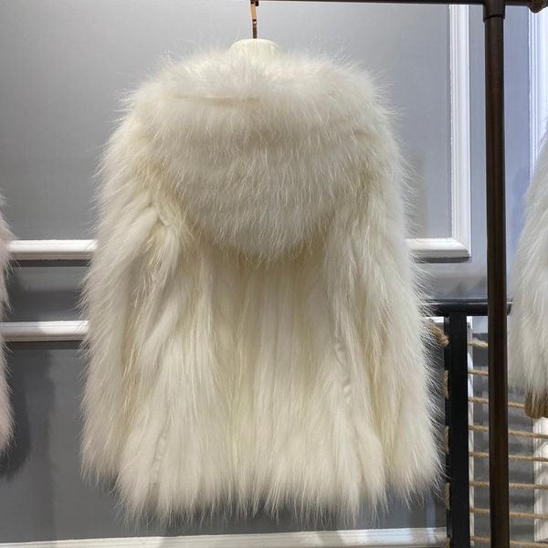 

women's fur & faux 2021 winter coat with hooded real raccoon jacket strips female warm outwear genuine femme fashion clothing, Black