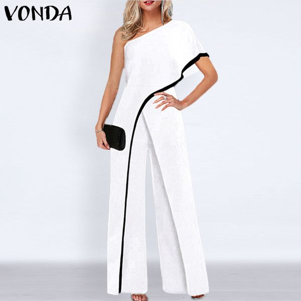 

jumpsuit overalls women' trousers wide leg pants vonda 2021 female casual solid one shoulder jumpsuits plus size playsuits femme, Black;white