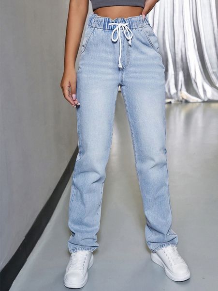 

high waisted drawstring waist straight leg jeans v8ls#, Blue