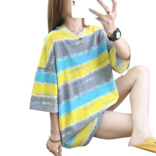 

women's t-shirt colored stripe summer large size round neck short sleeve, White