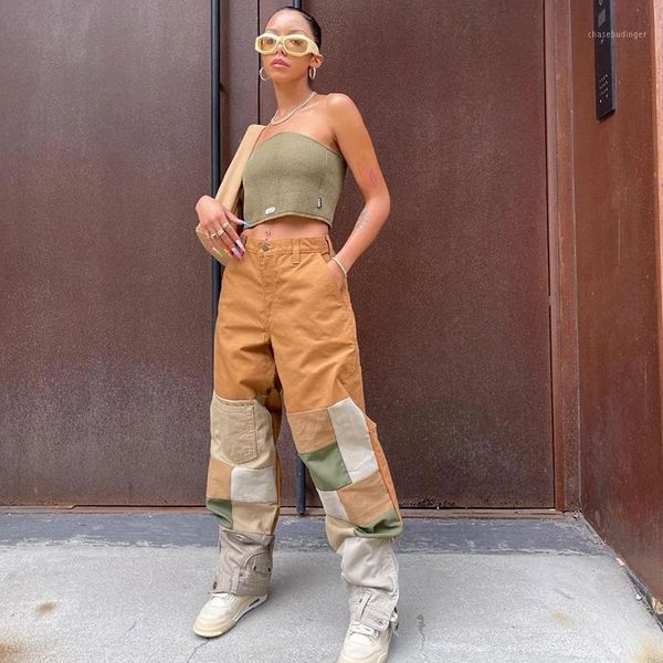 

women's jeans orange women patchwork baggy denim cargo pants zipper buttons wide leg trousers low rise streetwear fashion loose, Blue
