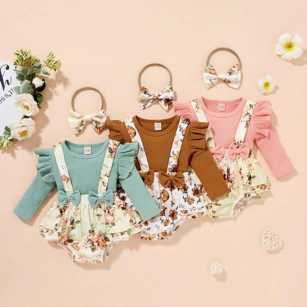 

clothing sets 3 pcs born casual outfits, baby girl ribbed sleeve round neck t-shirt + flower print overalls with bowknot headband, White