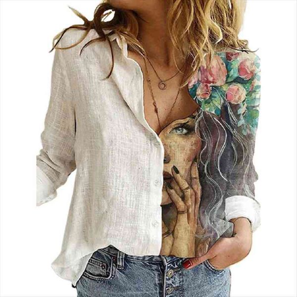 

autumn vintage print slub womens shirts linen large size 3xl trend office lady female patchwork clothings, White