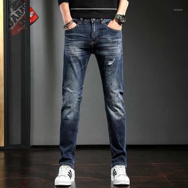 

blue ripped dot men printed jeans 2021 fashion streetwear straight denim pants men's