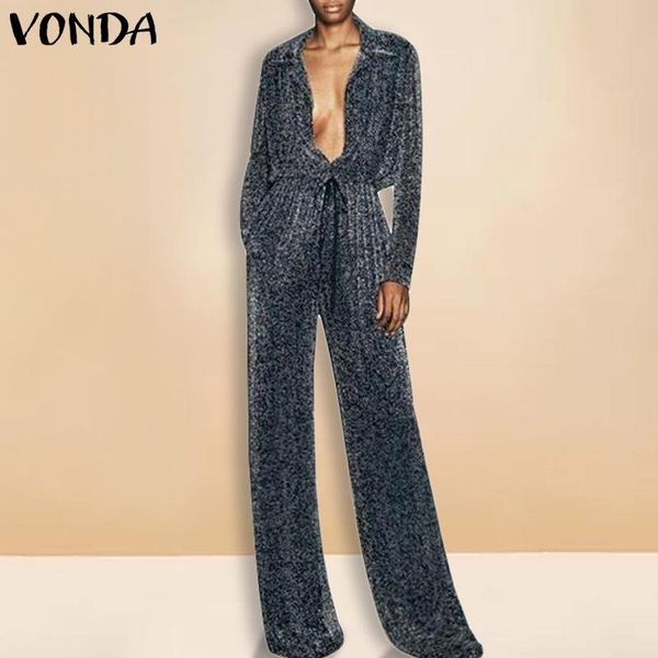 

women's jumpsuits & rompers vonda deep v neck bodysuits body femme solid playsuit overalls retro wide leg pants summer jumpsuit shining, Black;white