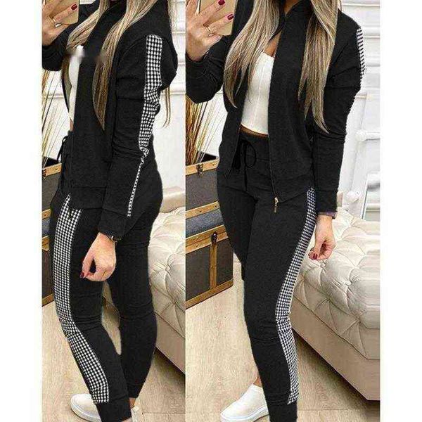 

yiciya women's casual plaid sewing suit, autumn lace tights + long sleeve zipper coat, neckline support coat tracksuit 211124, Black;white