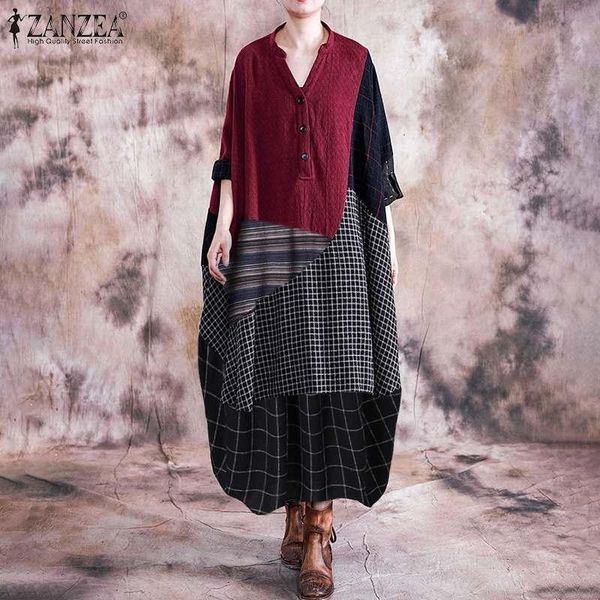 

casual dresses spring vintage check patchwork dress zanzea cotton long sundress 2021 women sleeve vestidos female kaftan robe tunic, Black;gray