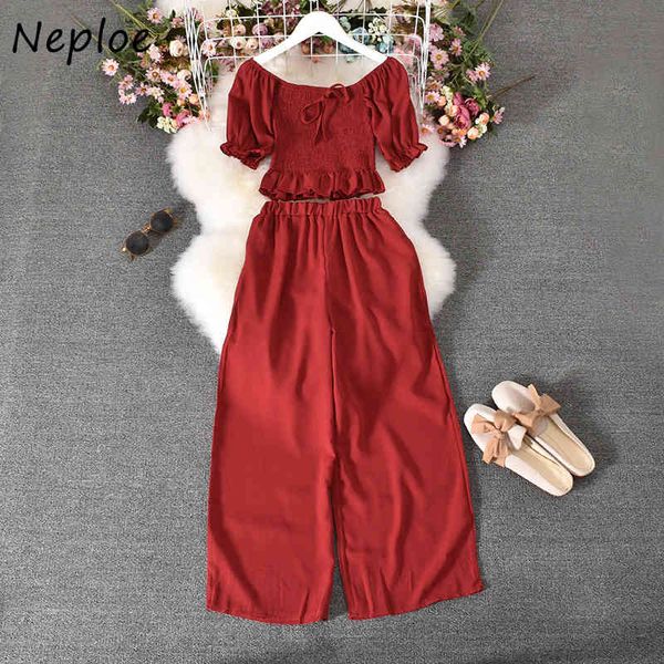 

neploe 2 piece set slash neck pleated slim waist drawstring short blouses + casual wide leg long pants fashion suit 1g835 210423, White