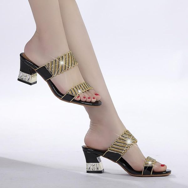 

shoes ladies' slippers med square heel glitter slides women heels fashion summer block jelly high luxury fabric rome pu crystal, Black