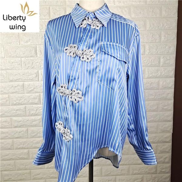 

women's blouses & shirts chinese style spring office lady elegant single breasted striped blouse streetwear long sleeve bow blue, White