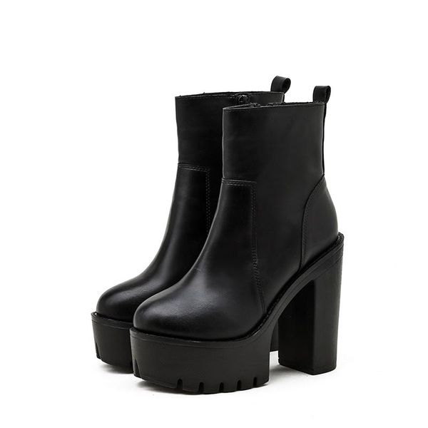 

women's platform high chunky heel round toe side zipper ankle boots, Black