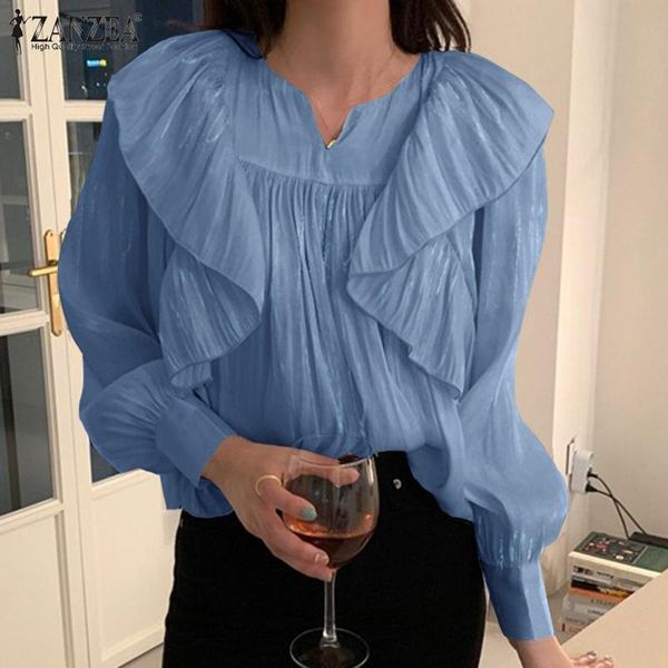 

women's blouses & shirts zanzea office ladies women 2021 summer ruffle patchwork casual puff sleeve o-neck loose oversize blusa femme, White