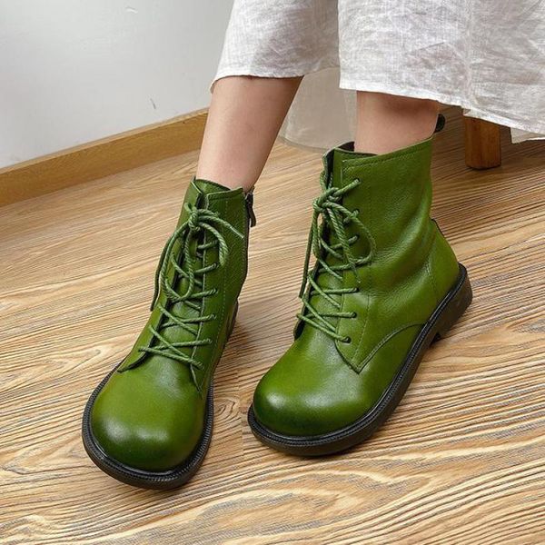 

boots green color ankle women 2021 winter short plush shoes genuine leather round toe flat with lace-up platform, Black