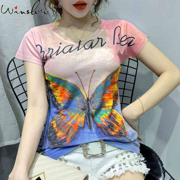 

women's t-shirt summer european clothes print butterfly letter fashion women short sleeve casual all match tees 2021 t14016a, White