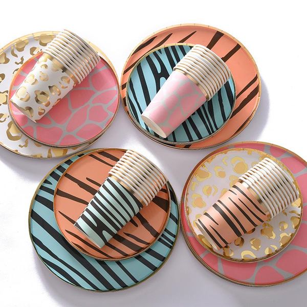 

disposable dinnerware pink blue gold birthday party decorations retro tableware set leopard grain paper plate cup kids baby shower supplies