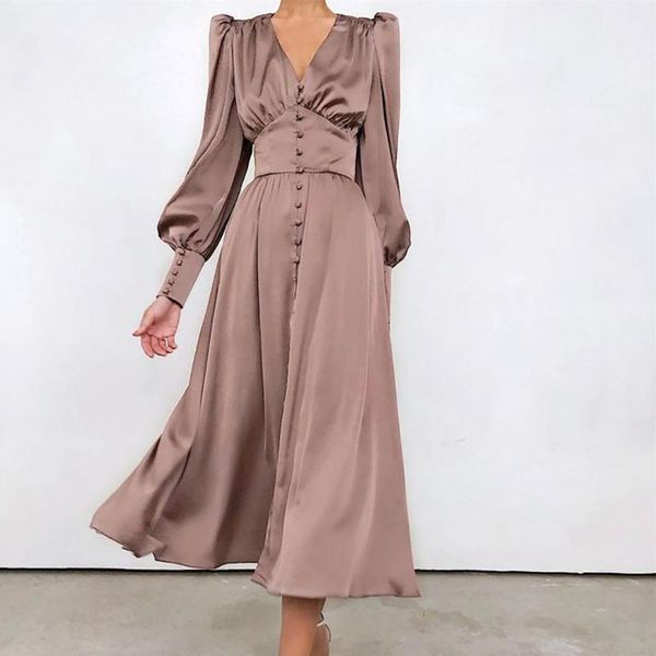 

casual dresses elegant satin lartern sleeve a-line dress women v-neck high waist button solid vintage long vestidos a263, Black;gray