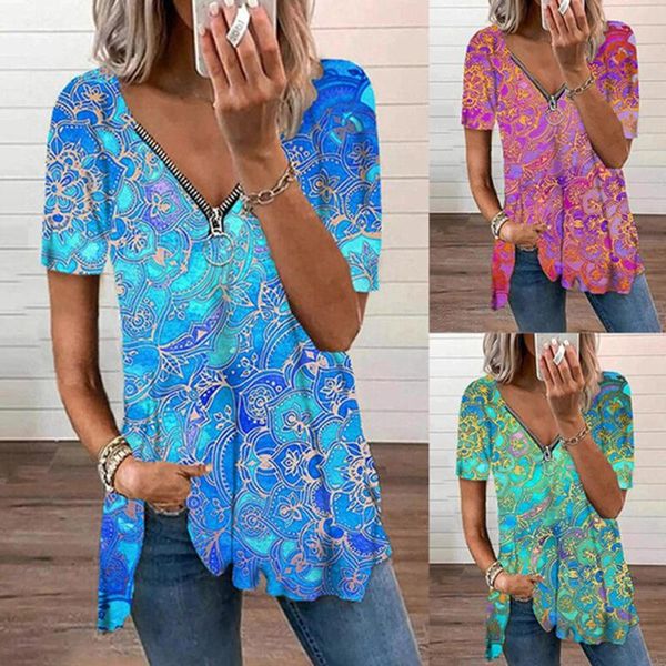 

women's blouses & shirts vintage print women 2021 summer zipper v-neck blouse shirt tunic casual loose blusas mujer, White