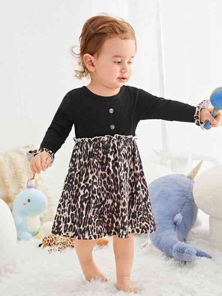 

baby leopard frill trim flounce sleeve dress she, Red;yellow