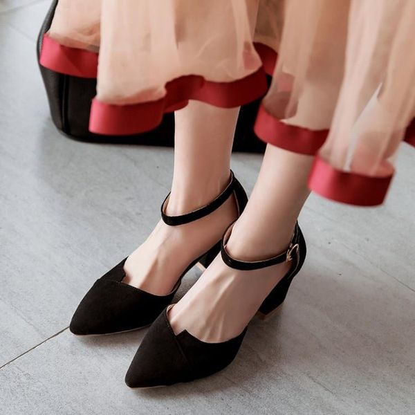 

dress shoes plus size ladies high heels women woman pumps buttoned shallow thick-heeled single, Black