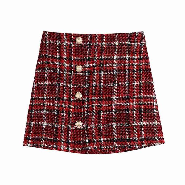 

vintage women elegant red woolen plaid skirts fashion ladies single button skirt streetwear female chic a-line mini 210427, Black