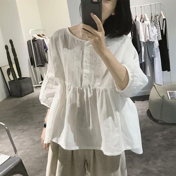 

women's blouses & shirts blouse women summer loose large size half sleeve high waist round neck pullover linen lantern shirt blusas muj, White