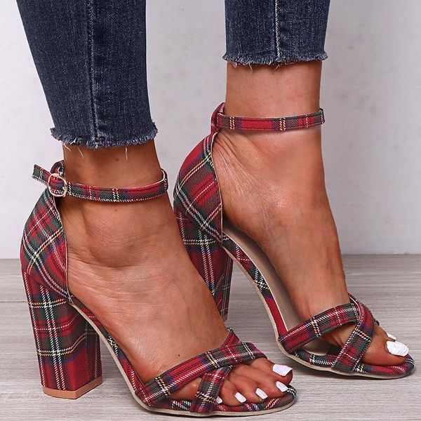 

big size 35-43 2021 summer women classics plaid buckle sandals female high heels shoes ladies fashion casual, Black