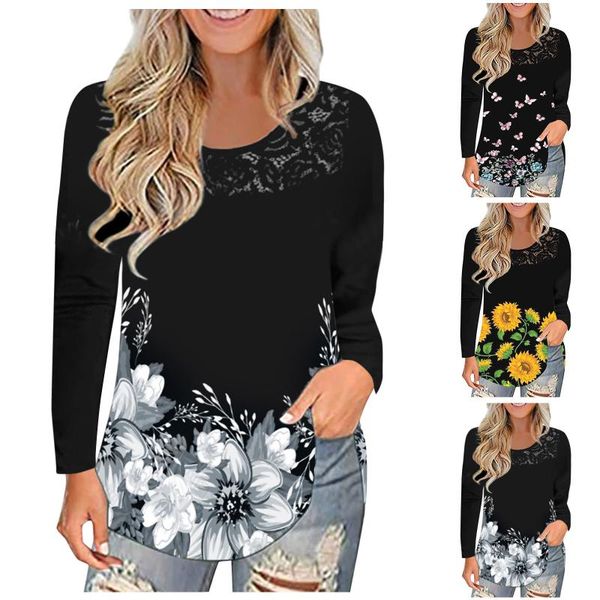 

women's blouses & shirts womens o-neck lace patchwork blousesÂ long sleeve floral print casual shirt elegant for women blusas mujer, White