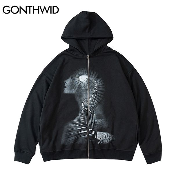 Gonthwid Erkek Hip Hop Zip Up Streetwear Kapşonlu Kazak Ceket Gotik Vintage Baskı Fermuar Hoodie Black 211110