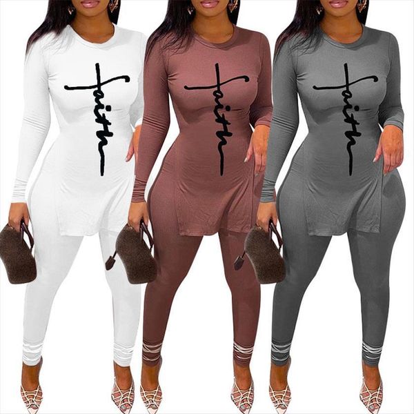 

tracksuit faith letter ribbed knit womenpant two piece casual 2 pcs outfits long sleeve tshirts pants suit matching set, White
