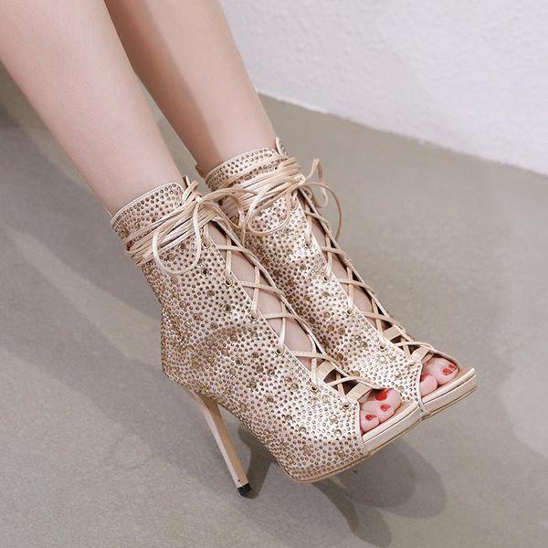 

ankle strap sandals women high heels summer peep toe party shoes crystal lace-up thin sandalie size 35-40, Black