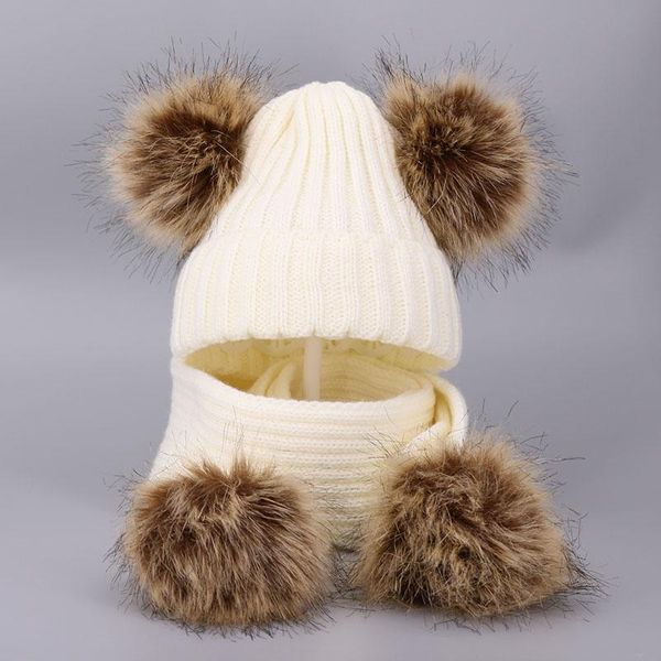 

caps & hats 2pcs/set baby hat scarf set warm winter knitted kids girl boy beanie cap scarves double pompom solid color infant toddler bonnet, Yellow