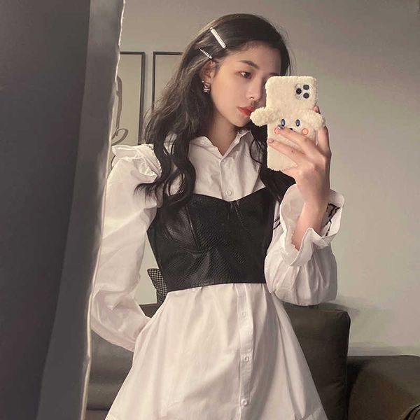 

casual loose white lapel flare sleeve shirts dress women mini + black pu leather camisole fashion retro street high 210610
