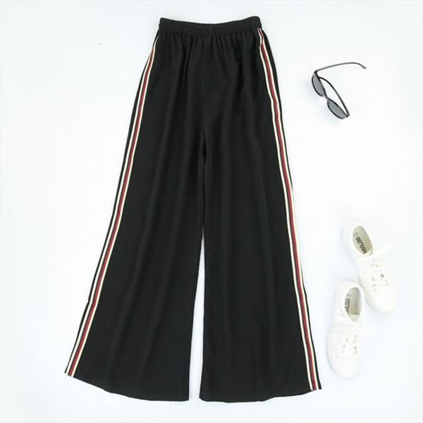 

100% pure silk womens capris elastic waist loose type wide leg long pants trousers with stripes jn434, Black;white
