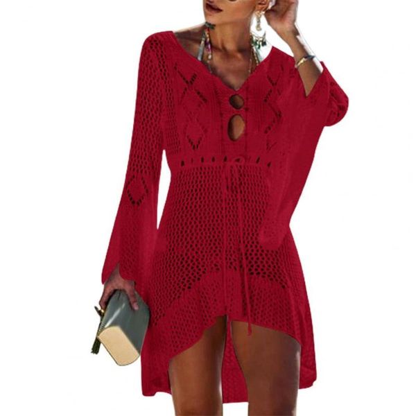 

women's swimwear summer women beach cover up solid color  hollow out knitted flared sleeves dress vacation, White;black