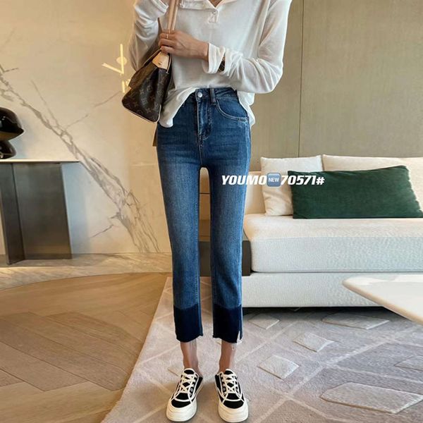 

autumn temperament high waist shadow wear slim nine point pants in, Blue