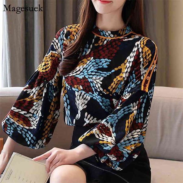 

blusas korean women blouse lantern sleeve print female shirt vintage o-neck and elegant shirts s 8349 50 210512, White