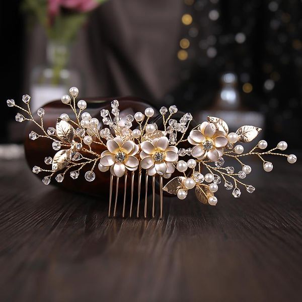 

hair clips & barrettes fashion gold tiaras combs wedding accessories bridal women pearls flower jewelry crystal headpiece hairpin gift, Golden;silver