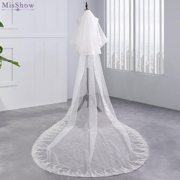

bridal veils misshow high-quality white ivory 2 layers 3m long wedding veil sequined lace edge with comb accessories, Black