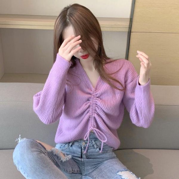 

women's sweaters v-neck knitting coat women long sleeve early autumn draw string fold pullovers jacket that show hilum, White;black