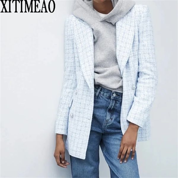 

za women suit jacket tweed blazer women jacket female double breasted tweed check blazers coat plaid checkered blazer 211112, Black;brown