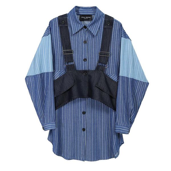 

women's blouses & shirts spring autumn clothing striped two-piece long-sleeved shirt with vest and female casual blouse women, White