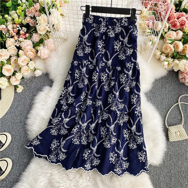 

skirts hollow embroidered large swing a-line skirt female summer high waist loose slim mid-length over the knee uk202, Black