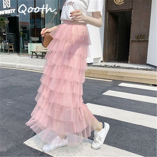 

qooth elastic waist solid multi-layer cake skirt summer fairy high waist a-line skirt mid-length all match sweet skirt qt645 210518, Black