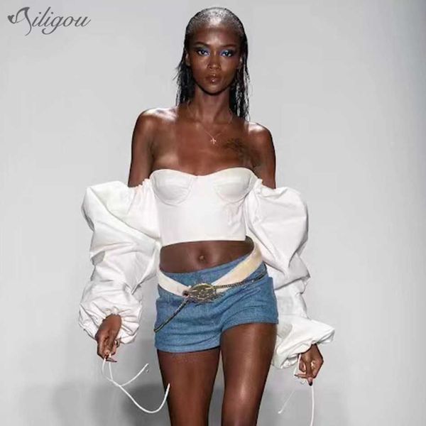 

summer women's celebrity party cocktail dress off shoulder puff sleeve design white suspender 210527