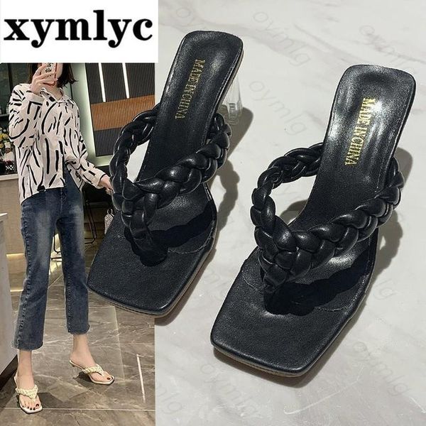 

2021 new ladies sandals clip toe high block heels transparent soft slip on big size 42 casual beach slippers zapatillas mujer, Black