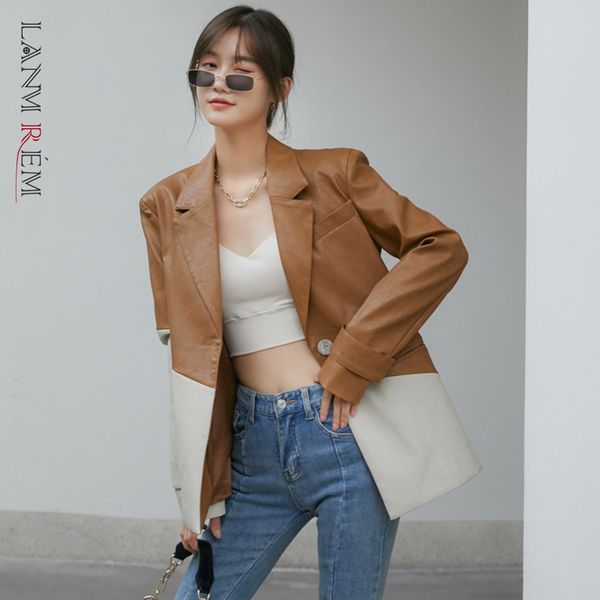 

stitching color leather suit coat spring autumn women blazer long sleeve ladies 2a1421 210507, White;black