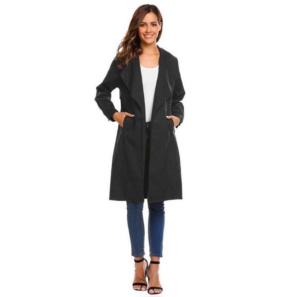 

women's trench coats lapel roll up sleeve open front casual long cardigan w/ belt height 176cm bust 88cm waist 59cm hip 90cm, Tan;black