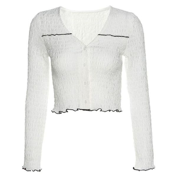 

women v-neck long sleeve button t-shirt contrast trim pleated slim crop 67jf women's, White